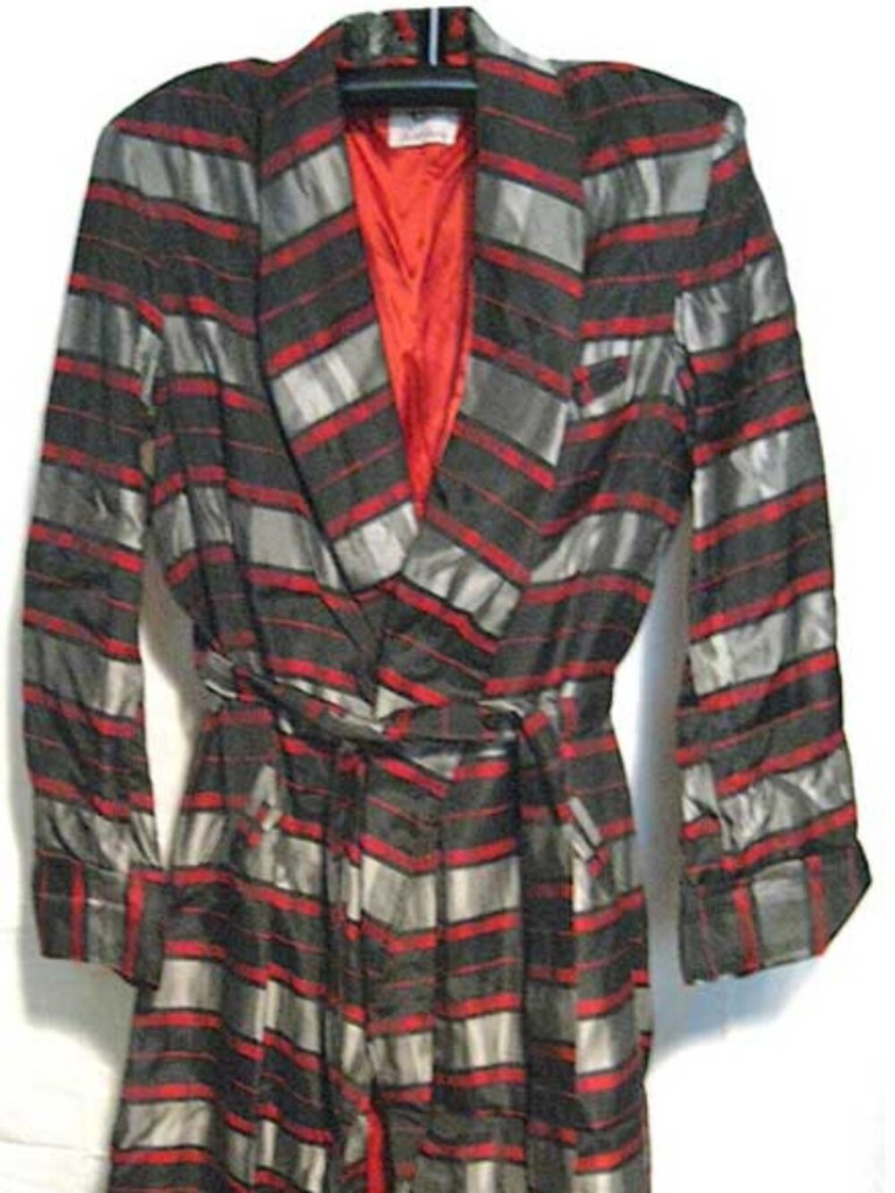 Rabhor MidCentury Modern Geometric Red 1950s Smoking Jacket Shawl Collar Belted